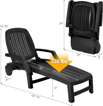 Tangkula Outdoor Chaise Lounge Chair, 5-Position Adjustable Recliner with Storage Box and Flexible Wheels, All-Weather Folding Patio Lounge Chair for Poolside, Beach and Backyard (1, Black)
