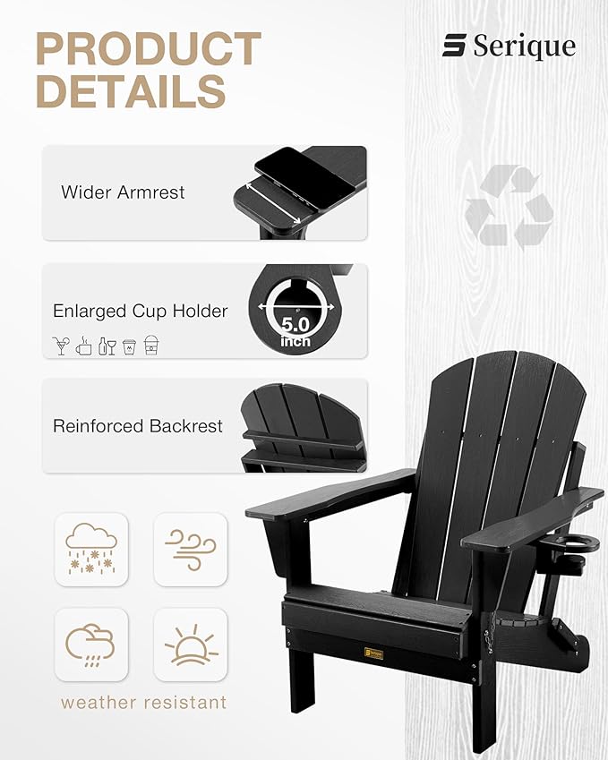 Folding Adirondack Chair, Patio Chair Wood Texture, Outdoor Chair Weather Resistant, Fire Pit Chair with Cup Holder, Composite Adirondack Chair Set of 4(Black)