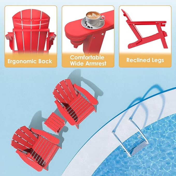 IVY&LANE Folding-Adirondack-Chair | HDPE Plastic | Outdoor Fire Pit Chairs with Cup Holder | Red | Poly | Weather Resistant | for Patio Deck Poolside Garden Beach