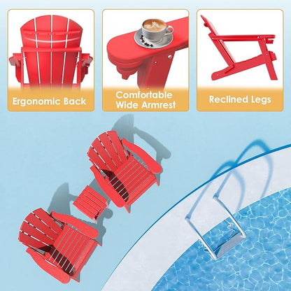 IVY&LANE Folding-Adirondack-Chair | HDPE Plastic | Outdoor Fire Pit Chairs with Cup Holder | Red | Poly | Weather Resistant | for Patio Deck Poolside Garden Beach