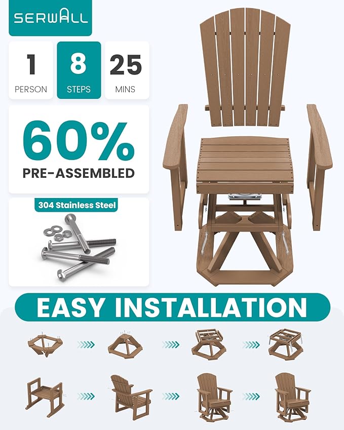 SERWALL Adirondack Swivel Glider Chair, HDPE Patio Glider Set of 2, All-Weather Glider Chair for Porch, Balcony - Photo 8