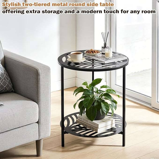 17.7" Two-tiered Metal Round Side Tables Extra-large Black Outside End Table for Patio Round Accent Garden Corner Stand - Photo 5