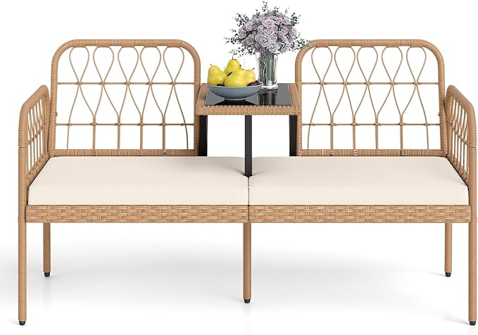 HAPPYGRILL Patio Rattan Loveseat, 2-Seat Wicker Chairs with Built-in Table, Outdoor Conversation Bench with Seat Cushions for Backyard, Front Porch, Garden