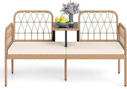 HAPPYGRILL Patio Rattan Loveseat, 2-Seat Wicker Chairs with Built-in Table, Outdoor Conversation Bench with Seat Cushions for Backyard, Front Porch, Garden