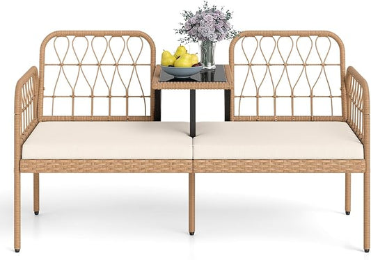 HAPPYGRILL Patio Rattan Loveseat, 2-Seat Wicker Chairs with Built-in Table, Outdoor Conversation Bench with Seat Cushions for Backyard, Front Porch, Garden