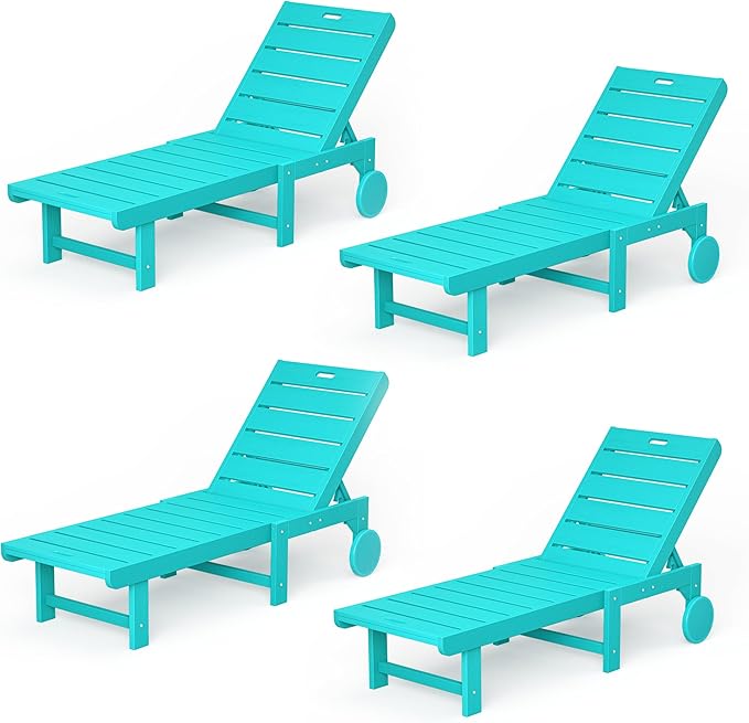 Outdoor Chaise Lounge Chairs Set of 4, 26.8” Super Wide Lounge Chair Outdoor, HDPS Pool Chairs with 5 Positions, Patio Lounge Chair with Wheels for Pool,Lawn,Backyard, Aruba Blue