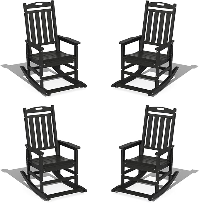 LOUNZY Outdoor Rocking Chair with Footboards Set of 4, HDPE Rocking Chair Patio Porch Rocker with 380lbs Support for Adult, Black