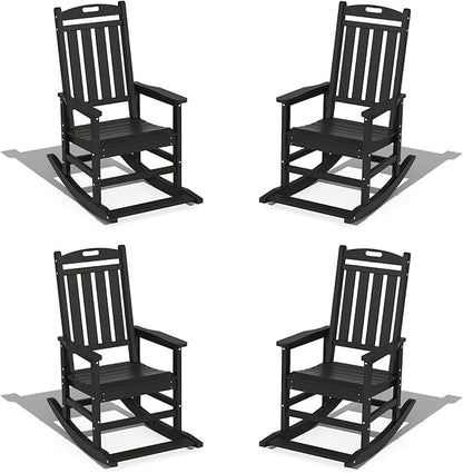 LOUNZY Outdoor Rocking Chair with Footboards Set of 4, HDPE Rocking Chair Patio Porch Rocker with 380lbs Support for Adult, Black