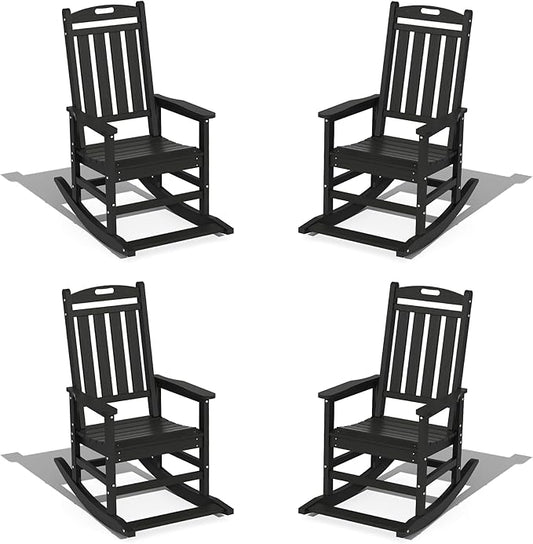 LOUNZY Outdoor Rocking Chair with Footboards Set of 4, HDPE Rocking Chair Patio Porch Rocker with 380lbs Support for Adult, Black