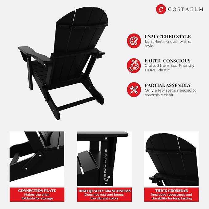Costaelm Outdoor Folding Chair, Outdoor Seating Folding Firepit Chairs, All Weather Poly Adirondack Chair for Deck Backyard Garden Lawn Pool Patio, Black