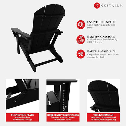 Costaelm Outdoor Folding Chair, Outdoor Seating Folding Firepit Chairs, All Weather Poly Adirondack Chair for Deck Backyard Garden Lawn Pool Patio, Black