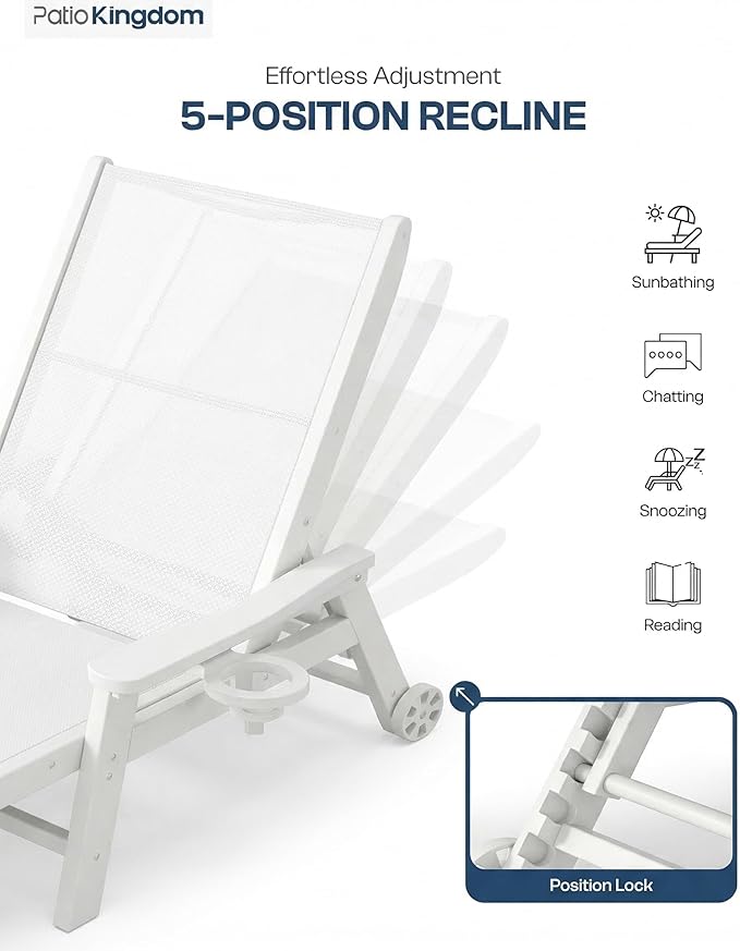 Patio Chaise Lounge Chair with Wheels & Cup Holder, HDPE Textilene Outdoor Lounge Chair 5 Positions Adjustable for Poolside Deck Patio Backyard (4, White Frame, White Textilene)