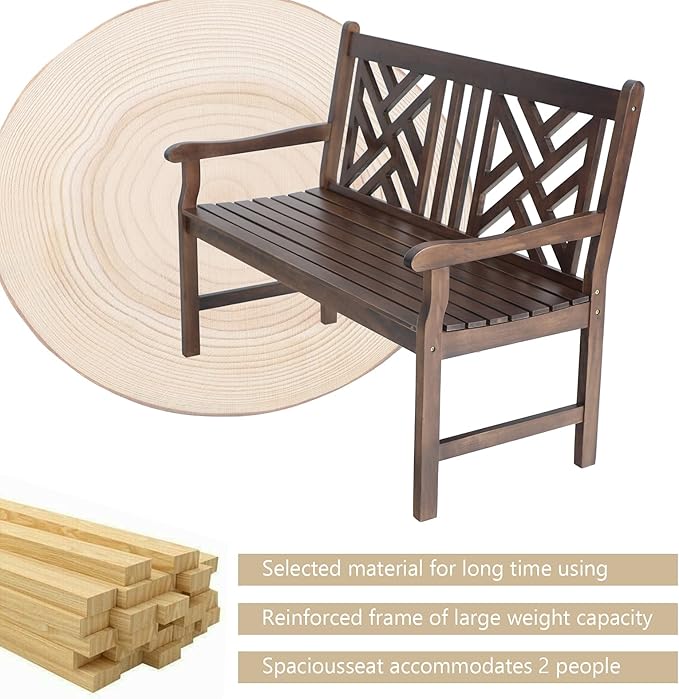 MFSTUDIO Outdoor Acacia Wood Garden Bench with Backrest and Armrest, 2-Person Slatted Seat Bench Patio Furniture for Porch Park Yard, Weight Capacity 600 lbs(Brown)