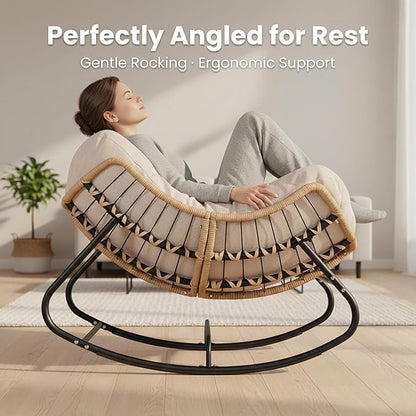 SWITTE Outdoor Rocking Chair, Oversized Patio Papasan Rocker, Comfy Wicker Reading Lounge, Indoor Egg Chair for Bedroom, Living Room, Porch, Garden, Lawn-Cream