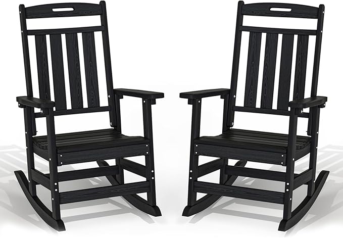 Plawdlik Oversized Rocking Chair Set of 2,HDPE All-Weather Outdoor Rocking Chair,Patio Rocking Chairs for Porch.Black