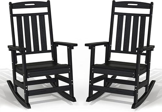 Plawdlik Oversized Rocking Chair Set of 2,HDPE All-Weather Outdoor Rocking Chair,Patio Rocking Chairs for Porch.Black