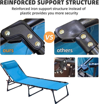 Folding Chaise Lounge Chair Bed - Heavy-Duty 400lb Capacity Portable Adjustable Recliner w/Pillow for Patio, Pool, Camping, Sunbathing - Lay Flat Design (Blue)
