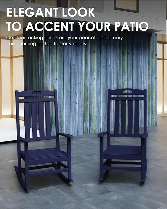 Outdoor Rocking Chair, All-Weather Resistant Poly Lumber Rocker Chair Outdoor, High Back Plastic Patio Rocking Chairs for Outside Porch Rocker Garden Lawn, Navy Blue