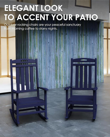 Outdoor Rocking Chair, All-Weather Resistant Poly Lumber Rocker Chair Outdoor, High Back Plastic Patio Rocking Chairs for Outside Porch Rocker Garden Lawn, Navy Blue