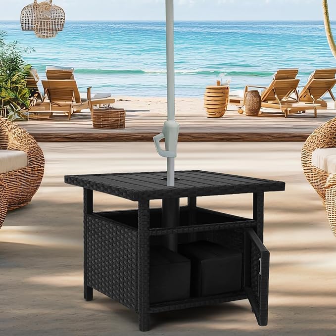 Outdoor Patio Umbrella Side Table with Umbrella Hole Small Wicker Coffee Table with Storage & 2 Weight Bags for Outside - Photo 3