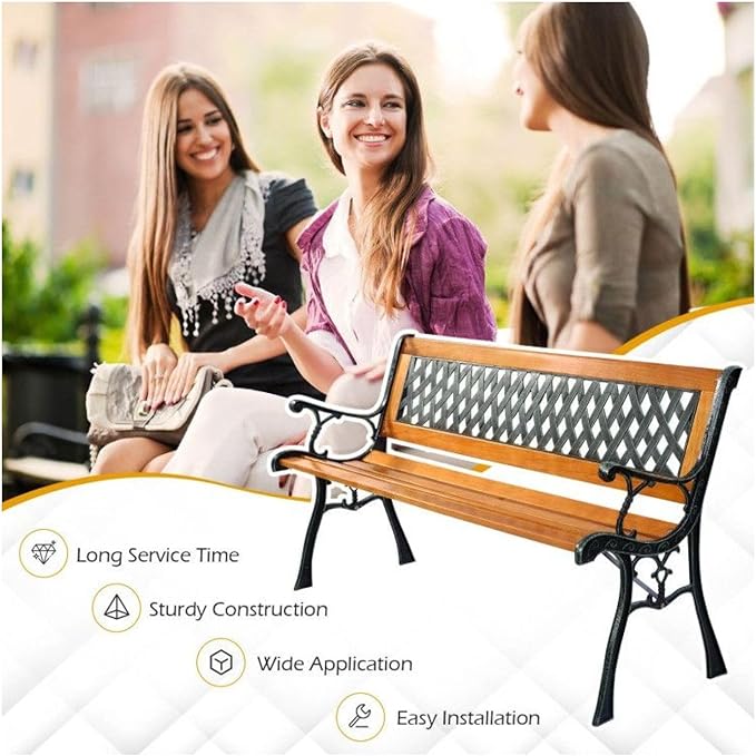 Cast Iron Patio Bench Outdoor - 49.5" Garden Bench for 3 Adults - Black Metal Bench with Wood Seat - Heavy Duty 463 lbs Capacity