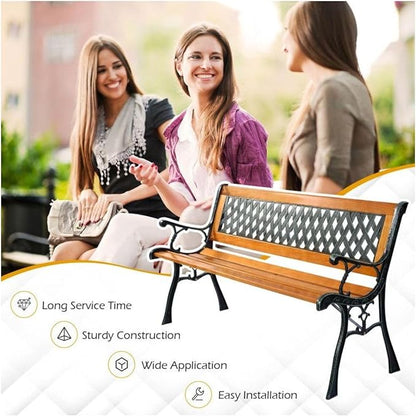 Cast Iron Patio Bench Outdoor - 49.5" Garden Bench for 3 Adults - Black Metal Bench with Wood Seat - Heavy Duty 463 lbs Capacity