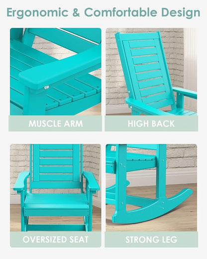 IVY&LANE Outdoor Rocking Chairs Set of 4 | Porch-Rockers | Aqua | HDPE Plastic | All-Weather | High Back | Wide Seat | Oversized Patio Rocker for Adult | for Outside Deck Balcony Garden