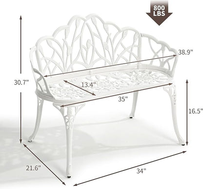 HOMEFUN Outdoor Bench, Patio Garden Benches Metal Loveseat Cast-Aluminum Outside Furniture for Park Lawn Front Porch White