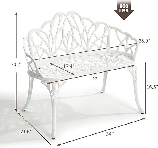 HOMEFUN Outdoor Bench, Patio Garden Benches Metal Loveseat Cast-Aluminum Outside Furniture for Park Lawn Front Porch White