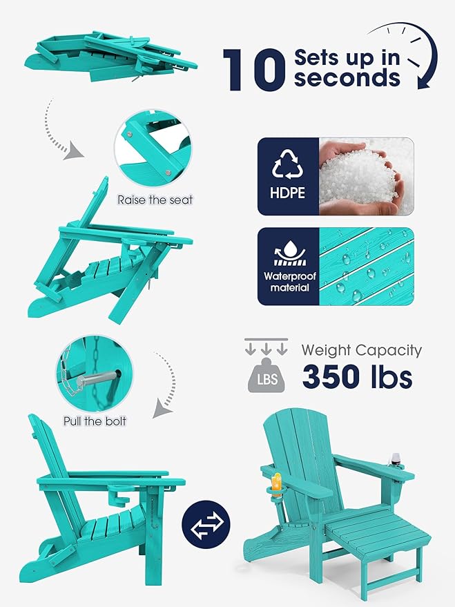 KINGYES Folding Adjustable Adirondack Chair with Ottoman & 2 Cup Holders, HDPE Adirondack Recliner Chair with Footrest, Aruba