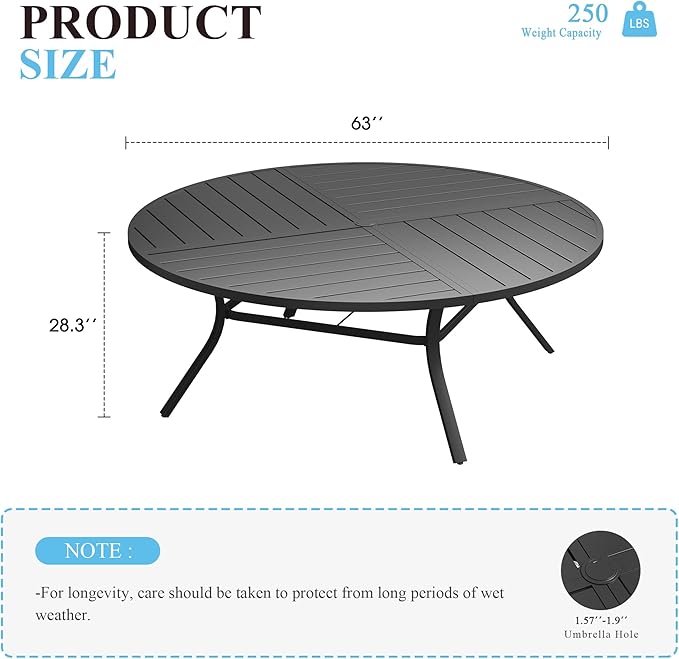 VICLLAX 63" Round Patio Table with Umbrella Hole, All Weather Metal Outdoor Dining Table for 8-10, Outside Table for Lawn Garden, Black