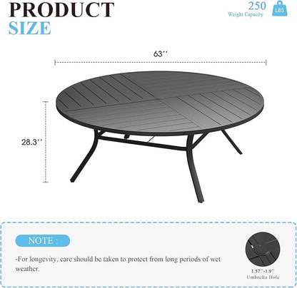 VICLLAX 63" Round Patio Table with Umbrella Hole, All Weather Metal Outdoor Dining Table for 8-10, Outside Table for Lawn Garden, Black