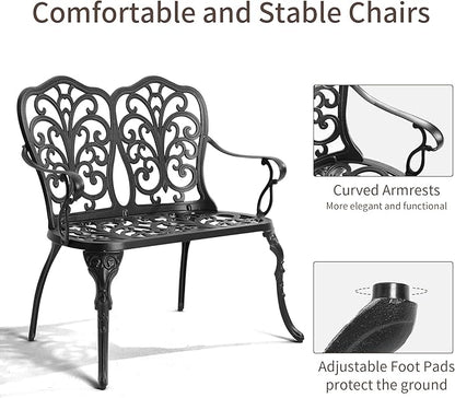 HOMEFUN Outdoor Bench, Patio Garden Benches Metal Loveseat Cast-Aluminum Outside Furniture for Park Lawn Front Porch Black