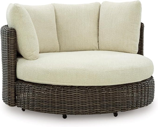 Signature Design by Ashley Kimora Casual Nuvella Weather Resistant Fabric Outdoor Swivel Lounge Chair with Zippered Removable Cushion and Casters, Beige & Dark Brown