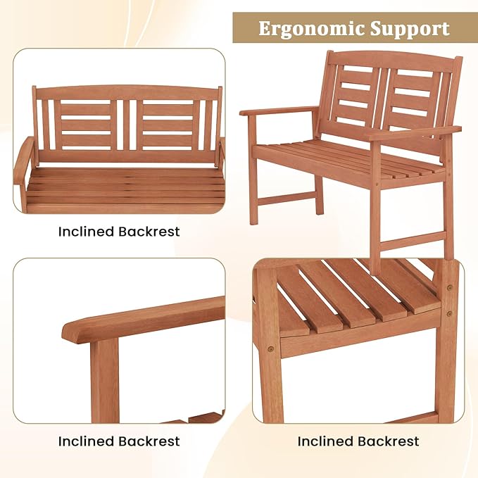 Tangkula Patio Wood Bench, Garden Armrest Loveseat with Inclined Backrest, Wood Grain, Teak Oil Finish, Outdoor 2-Person Bench for Front Porch, Garden, Backyard, Balcony