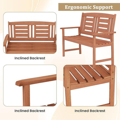 Tangkula Patio Wood Bench, Garden Armrest Loveseat with Inclined Backrest, Wood Grain, Teak Oil Finish, Outdoor 2-Person Bench for Front Porch, Garden, Backyard, Balcony
