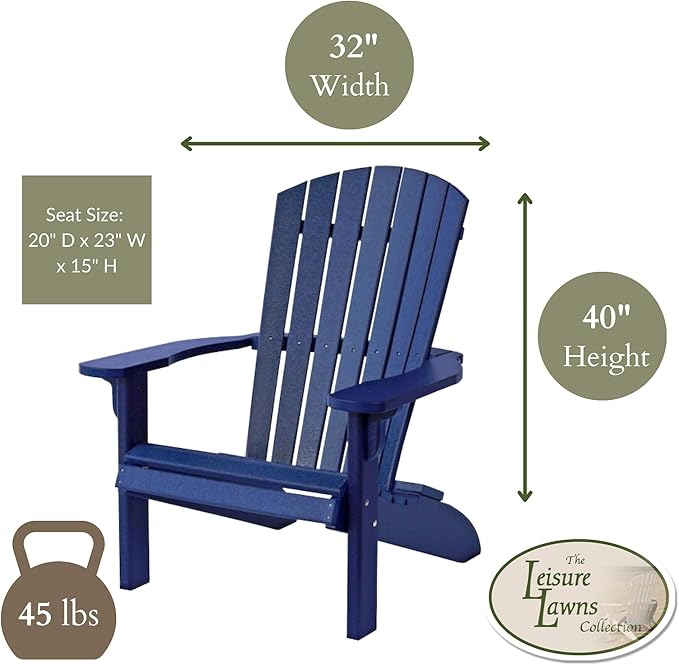 Leisure Lawns Poly Plastic Fanback Adirondack Chair, Outdoor Patio Chair - Amish Made in USA (Patriot Blue)