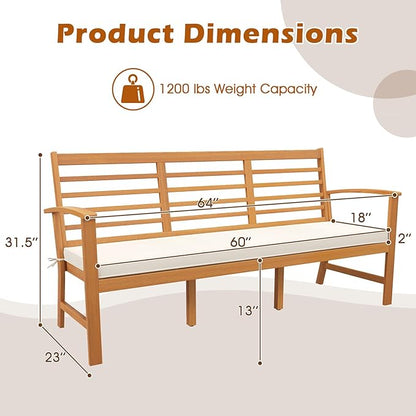 RELAX4LIFE 64’’ Outdoor Bench Acacia Wood - 3-Seat Patio Bench w/Slatted Backrest, Armrests & Seat Cushion, Extra Long Front Porch Bench for Park Poolside Yard, 1200LBS Capacity, 3-Person Garden Bench