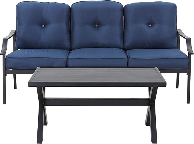 LOKATSE HOME Outdoor Patio Cushioned Loveseat 3 Seats Sofa Bench with Metal Coffee Table