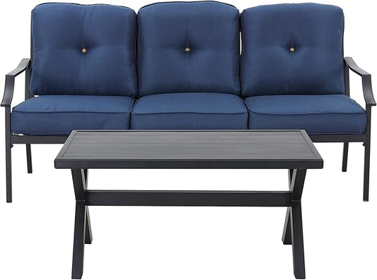 LOKATSE HOME Outdoor Patio Cushioned Loveseat 3 Seats Sofa Bench with Metal Coffee Table
