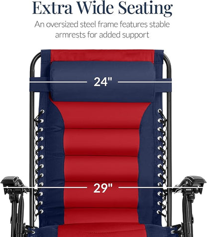 Best Choice Products Oversized Padded Zero Gravity Chair, Folding Outdoor Patio Recliner, XL Anti Gravity Lounger for Backyard w/Headrest, Cup Holder, Side Tray, Polyester Mesh - Navy/Red