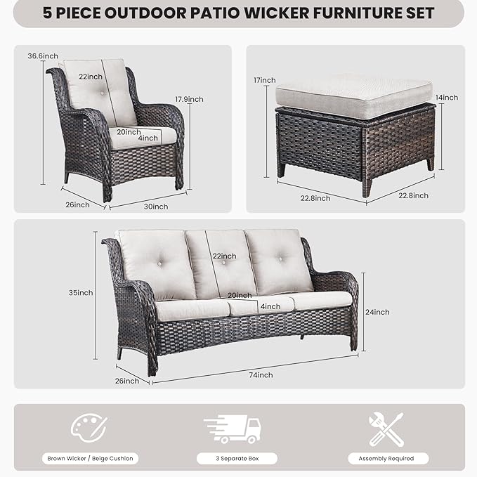 Belord Outdoor Wicker Furniture 5 Pieces Patio Furniture Sofa Set Patio Wicker Chairs with Ottomans Conversation Set - Photo 2