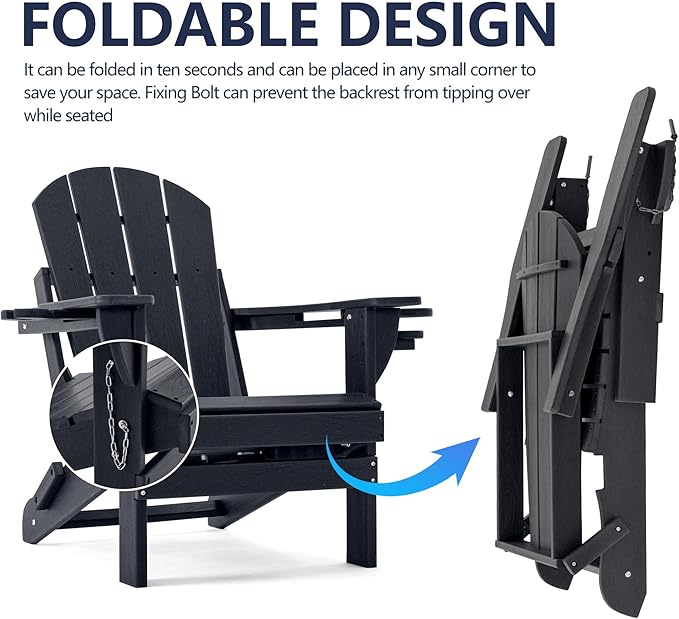 Folding Adirondack Chair, HDPE Outdoor Texture Lawn Chair with Reclining Back, Cup and Phone Holder - Comfortable Firepit Chair Weather Resistant for Patio or Backyard (Dark Black, Set of 1)