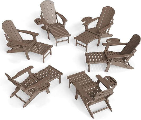 FOOWIN Adirondack Chair with Retractable Ottoman,HDPE Folding Adjustable Adirondack Chair w/4 in 1 Cup Holder Trays,All-Weather Resistant Fire Pit Chair for Outdoor Patio Lawn Set of 6
