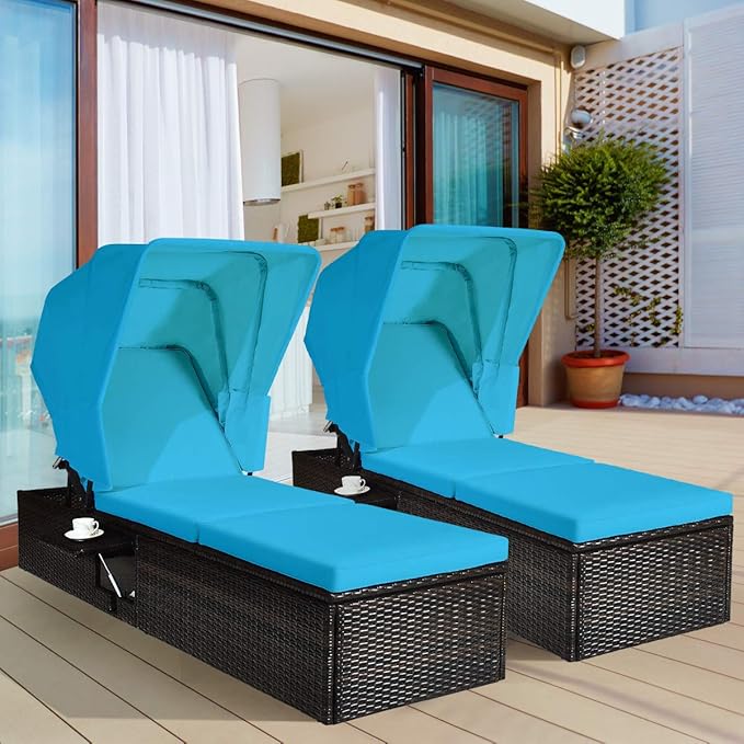 Tangkula 2PCS Outdoor Chaise Lounge Chair with Folding Canopy, Adjustable Cushioned Reclining Chair with Flip-up Tea Table, Rattan Sun Lounger for Beach Poolside Backyard Balcony Porch (2, Turquoise)