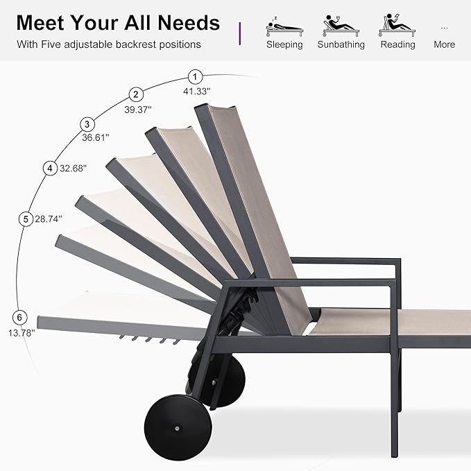 PURPLE LEAF Patio Chaise Lounge Set for 4 Outdoor Pool Lounge Chairs with Armrest and Adjustable Backrest Aluminum - Photo 7