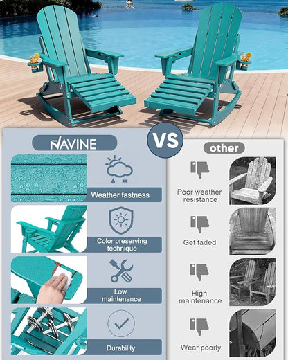 Adirondack Rocking Chairs Set of 8 with Retractable Ottoman, All Weather Folding Adirondack Chair with Two Cup Holders, Adirondack Outdoor Rocking Chairs for Porch, Patio, Balcony. Lake Blue