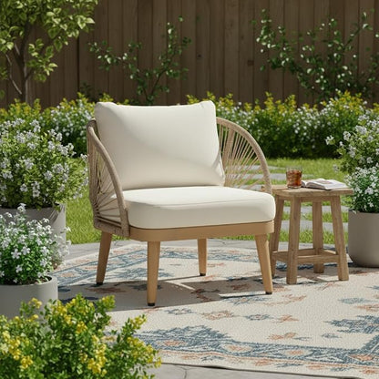 Merax Acacia Wood Outdoor Club Chair - Curved Tub Design Patio Lounge Chair with Handwoven Rope Accents & Weather-Resistant Cushion for Porch, Deck or Garden,Teak+ Beige