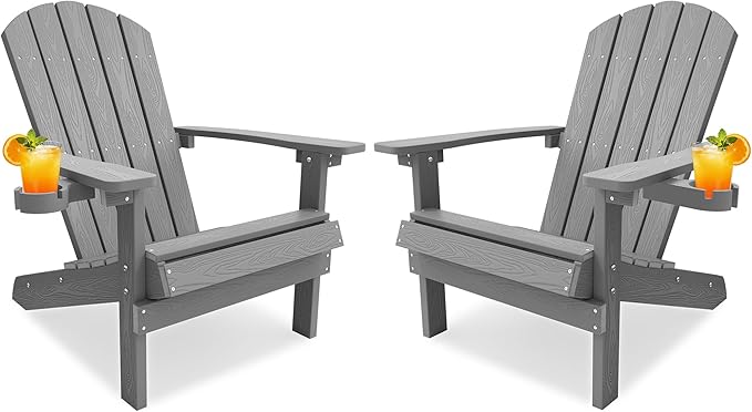 YEFU Adirondack Chairs Set of 2 for Patio: Zero Gravity Fire Pit Chairs Plastic with Cup Holders & Wood Texture - Sturdy All-Weather HIPS for Outdoor Backyard Lawn - Easy Assembly(Grey)
