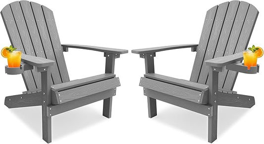 YEFU Adirondack Chairs Set of 2 for Patio: Zero Gravity Fire Pit Chairs Plastic with Cup Holders & Wood Texture - Sturdy All-Weather HIPS for Outdoor Backyard Lawn - Easy Assembly(Grey)